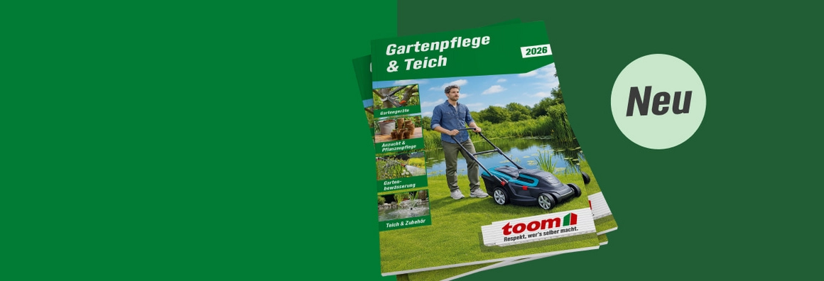 Der neue Katalog für Gartenpflege und Teich mit einer Person beim Rasenmähen.